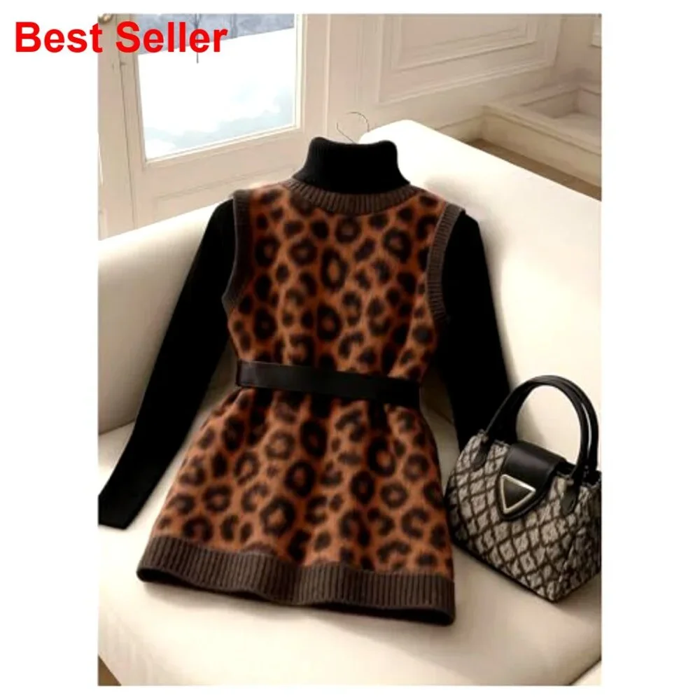 Sleeveless Leopard Print Cardigan, Button Front, Crew Neck, Knitted Fabric, - Picture 2 of 5